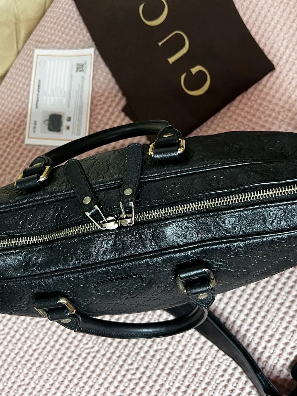 Gucci Black GG Monogram Leather Briefcase Case Bag + Entrupy COA & Dustbag